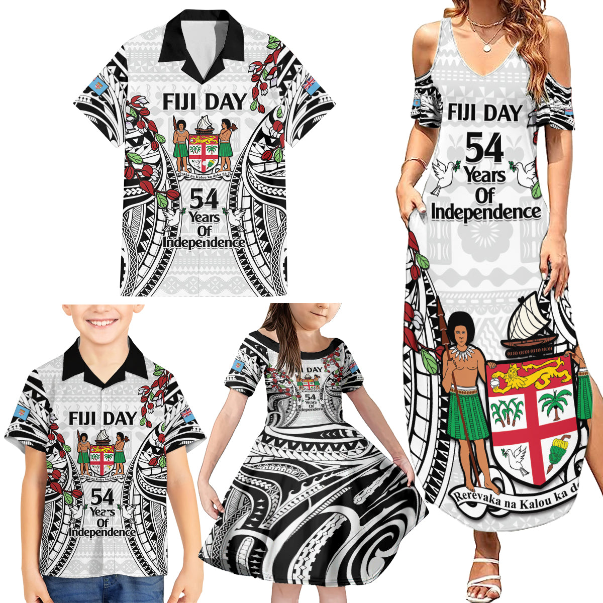 Fiji Day Family Matching Summer Maxi Dress and Hawaiian Shirt Happy 54 Years Of Independence Tapa Pattern White LT14 - Polynesian Pride