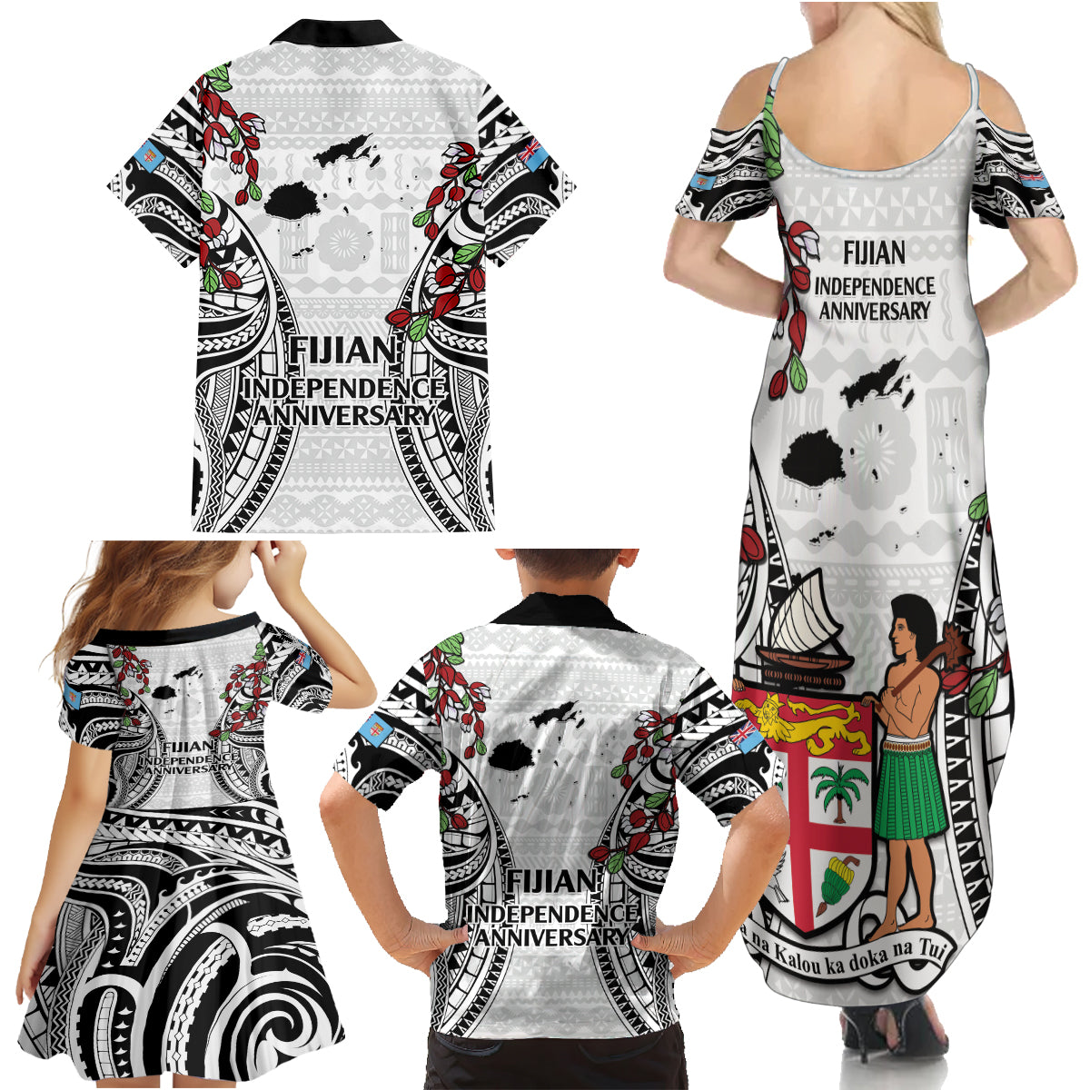 Fiji Day Family Matching Summer Maxi Dress and Hawaiian Shirt Happy 54 Years Of Independence Tapa Pattern White LT14 - Polynesian Pride