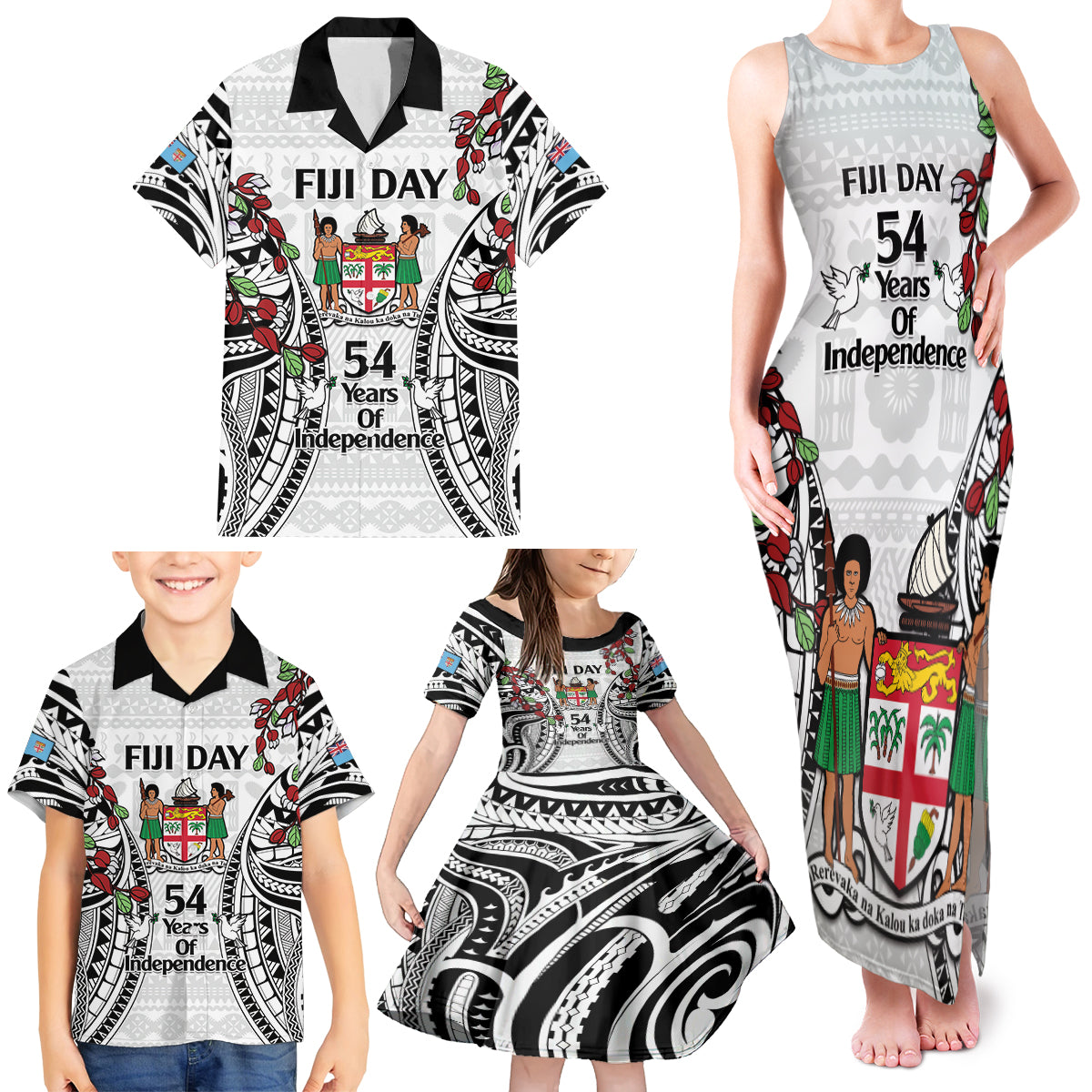 Fiji Day Family Matching Tank Maxi Dress and Hawaiian Shirt Happy 54 Years Of Independence Tapa Pattern White LT14 - Polynesian Pride
