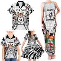 Fiji Day Family Matching Tank Maxi Dress and Hawaiian Shirt Happy 54 Years Of Independence Tapa Pattern White LT14 - Polynesian Pride