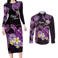 Personalised Aloha Hawaii Kauai Island Couples Matching Long Sleeve Bodycon Dress and Long Sleeve Button Shirt Garden Isle Map Sea Turtle Plumeria