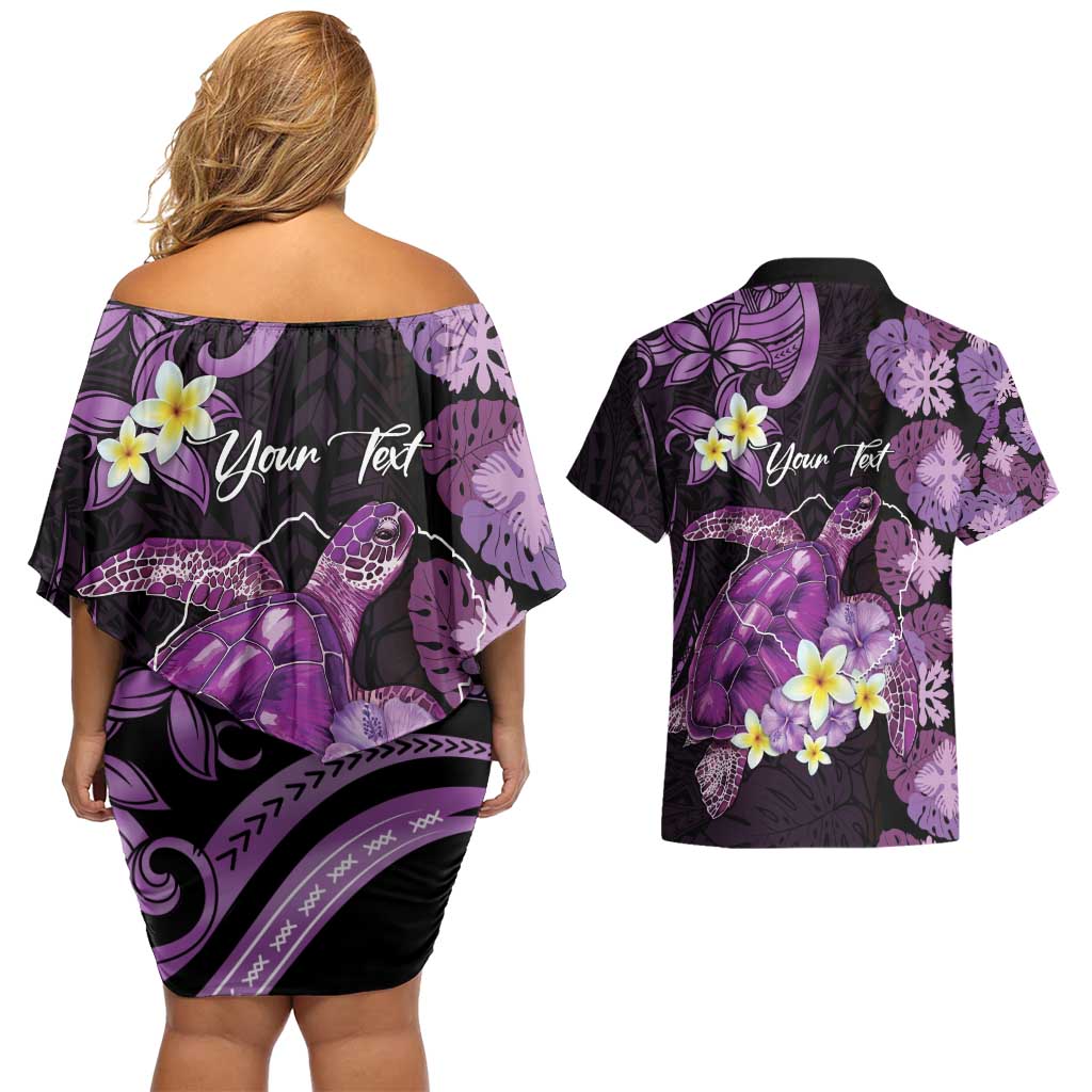 Personalised Aloha Hawaii Kauai Island Couples Matching Off Shoulder Short Dress and Hawaiian Shirt Garden Isle Map Sea Turtle Plumeria