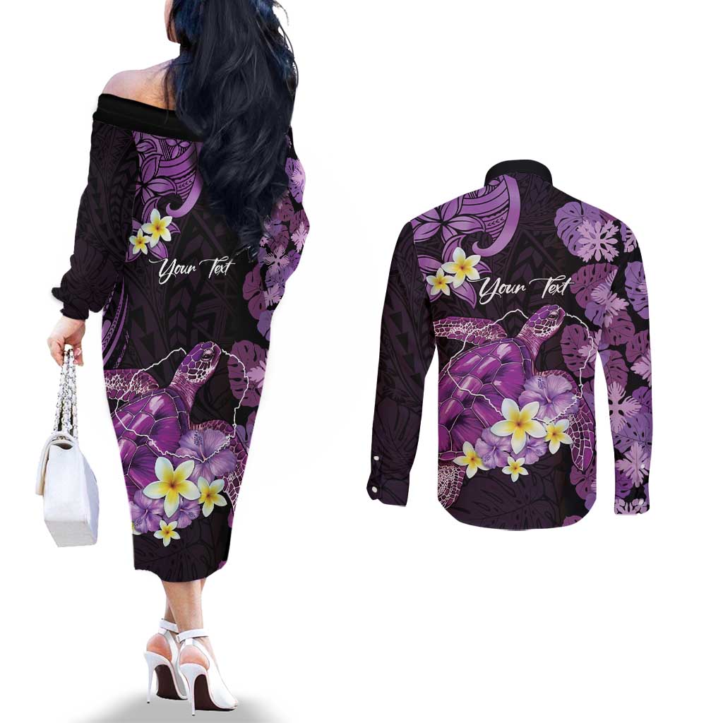 Personalised Aloha Hawaii Kauai Island Couples Matching Off The Shoulder Long Sleeve Dress and Long Sleeve Button Shirt Garden Isle Map Sea Turtle Plumeria