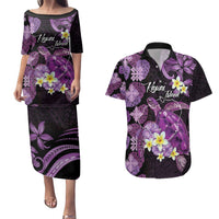 Personalised Aloha Hawaii Kauai Island Couples Matching Puletasi and Hawaiian Shirt Garden Isle Map Sea Turtle Plumeria LT14 Purple - Polynesian Pride