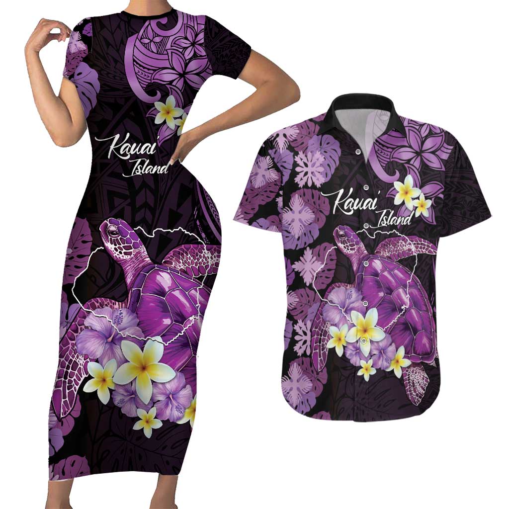 Personalised Aloha Hawaii Kauai Island Couples Matching Short Sleeve Bodycon Dress and Hawaiian Shirt Garden Isle Map Sea Turtle Plumeria
