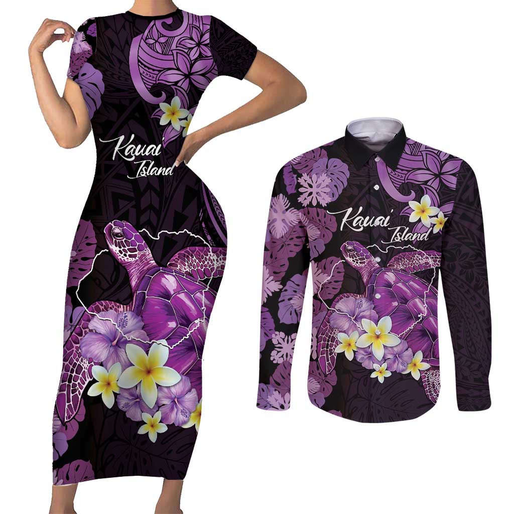 Personalised Aloha Hawaii Kauai Island Couples Matching Short Sleeve Bodycon Dress and Long Sleeve Button Shirt Garden Isle Map Sea Turtle Plumeria