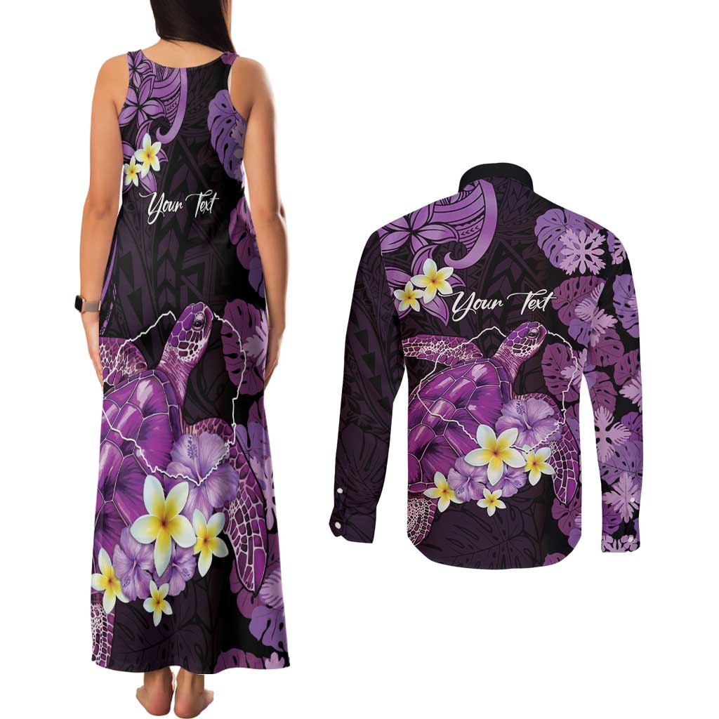 Personalised Aloha Hawaii Kauai Island Couples Matching Tank Maxi Dress and Long Sleeve Button Shirt Garden Isle Map Sea Turtle Plumeria