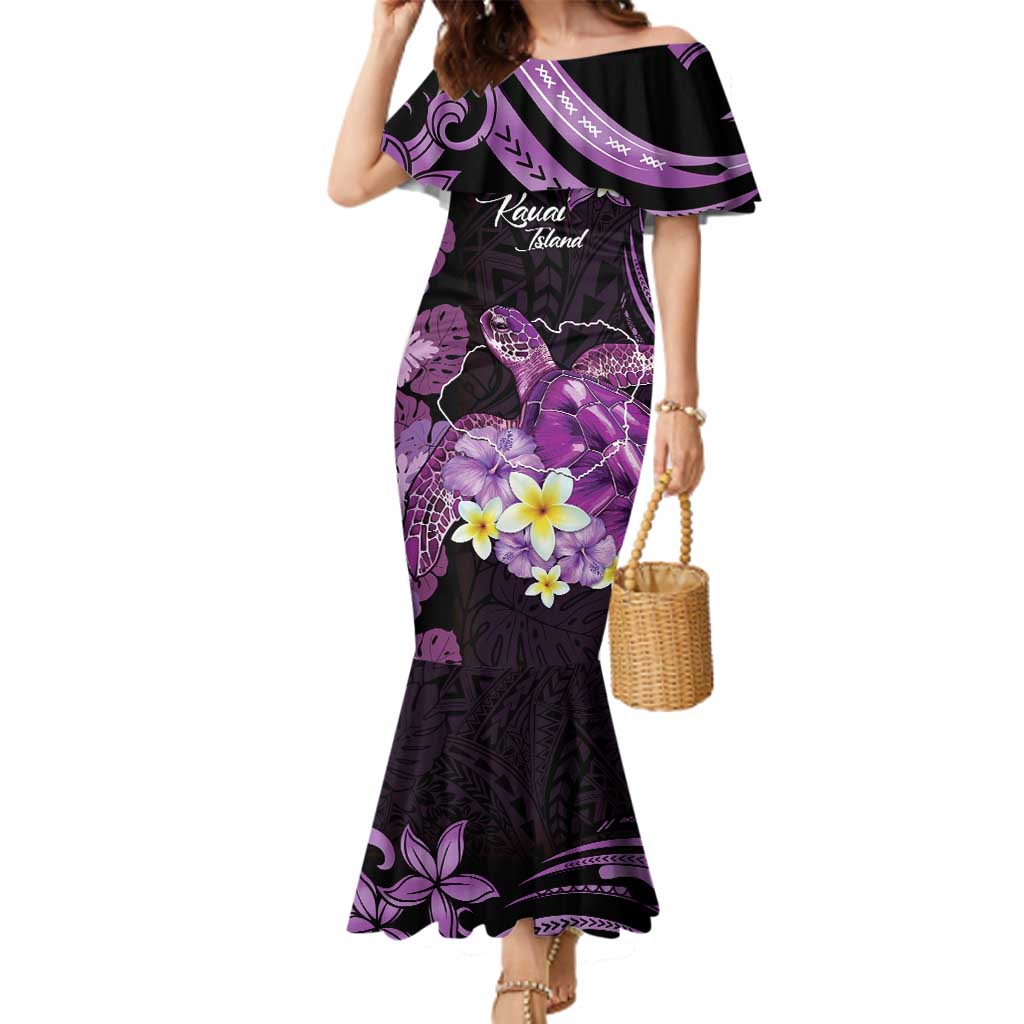 Personalised Aloha Hawaii Kauai Island Family Matching Mermaid Dress and Hawaiian Shirt Garden Isle Map Sea Turtle Plumeria LT14 Mom's Dress Purple - Polynesian Pride