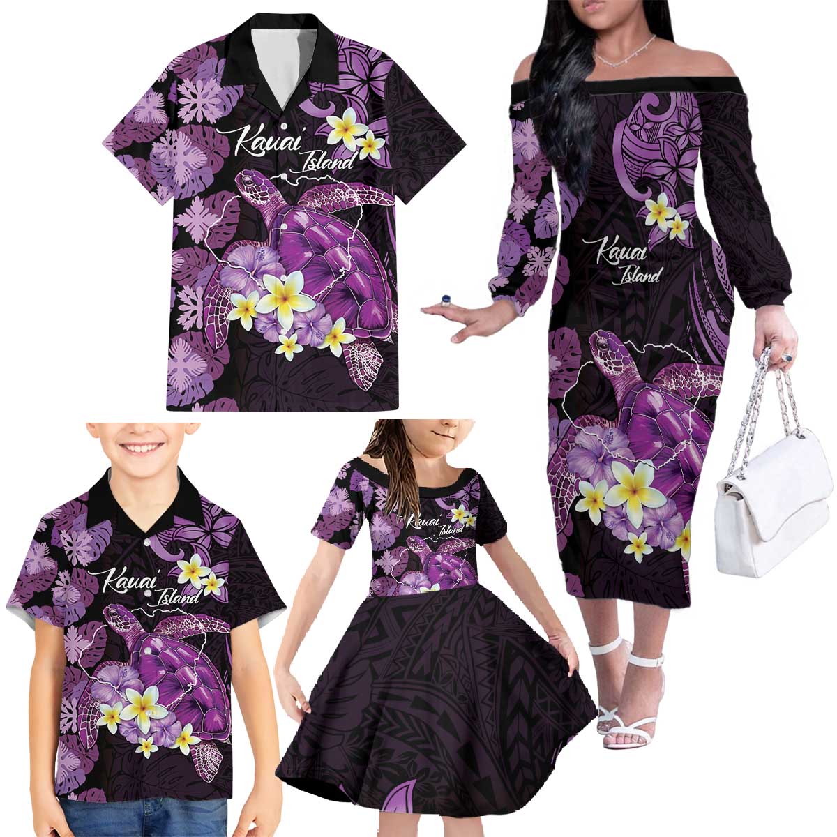 Personalised Aloha Hawaii Kauai Island Family Matching Off The Shoulder Long Sleeve Dress and Hawaiian Shirt Garden Isle Map Sea Turtle Plumeria