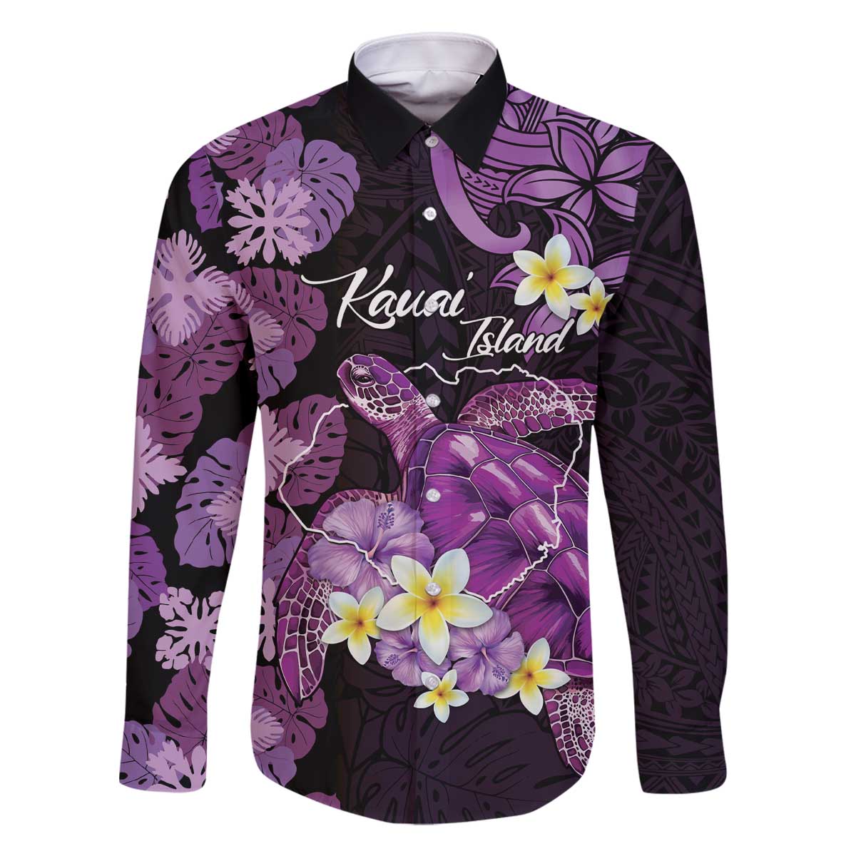 Personalised Aloha Hawaii Kauai Island Family Matching Off The Shoulder Long Sleeve Dress and Hawaiian Shirt Garden Isle Map Sea Turtle Plumeria