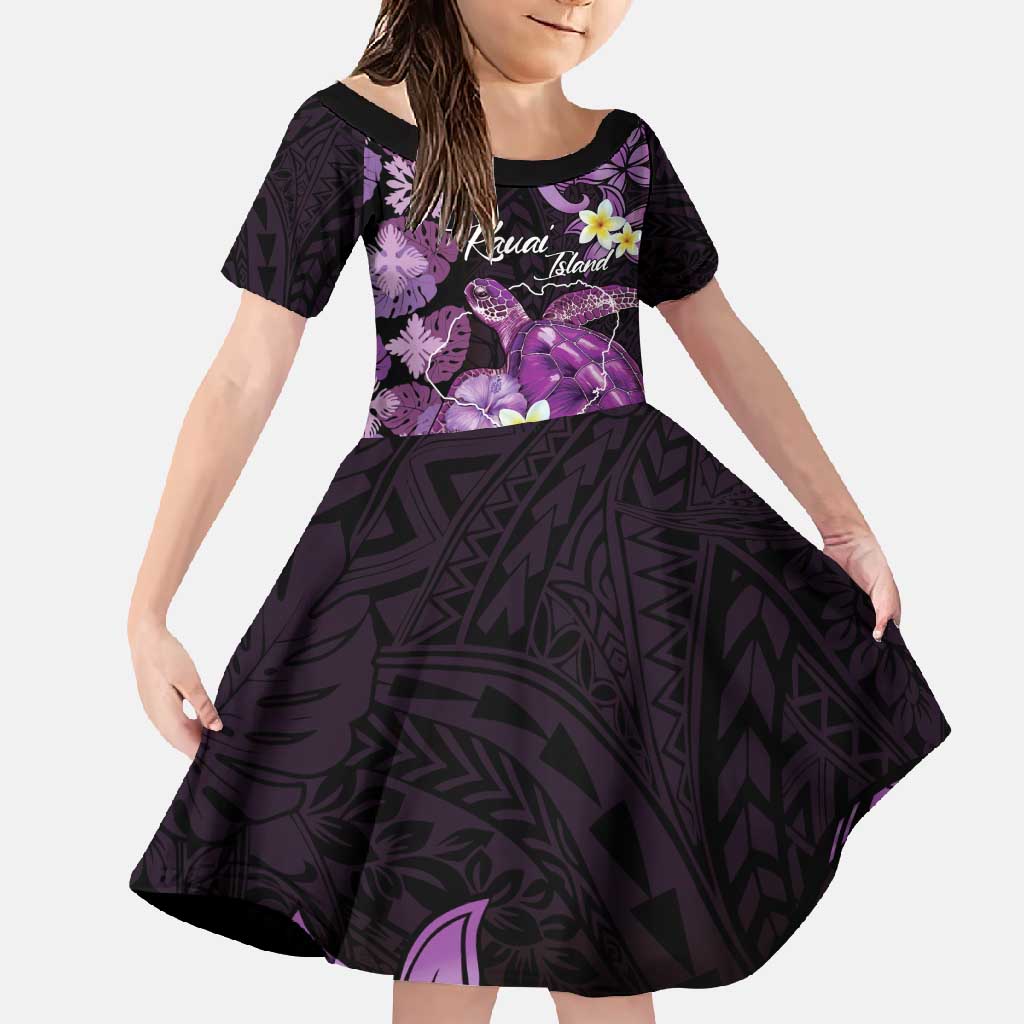 Personalised Aloha Hawaii Kauai Island Family Matching Off Shoulder Maxi Dress and Hawaiian Shirt Garden Isle Map Sea Turtle Plumeria LT14 Daughter's Dress Purple - Polynesian Pride
