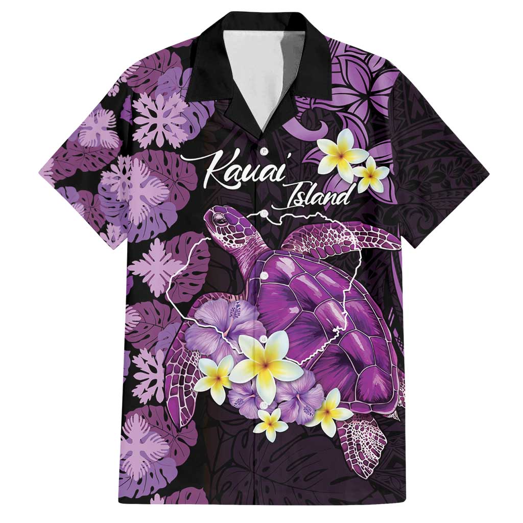 Personalised Aloha Hawaii Kauai Island Family Matching Off Shoulder Maxi Dress and Hawaiian Shirt Garden Isle Map Sea Turtle Plumeria LT14 Dad's Shirt - Short Sleeve Purple - Polynesian Pride