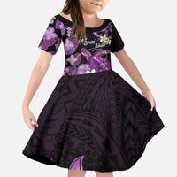 Personalised Aloha Hawaii Kauai Island Family Matching Puletasi and Hawaiian Shirt Garden Isle Map Sea Turtle Plumeria LT14 Daughter's Dress Purple - Polynesian Pride