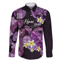 Personalised Aloha Hawaii Kauai Island Family Matching Puletasi and Hawaiian Shirt Garden Isle Map Sea Turtle Plumeria LT14 Dad's Shirt - Long Sleeve Purple - Polynesian Pride