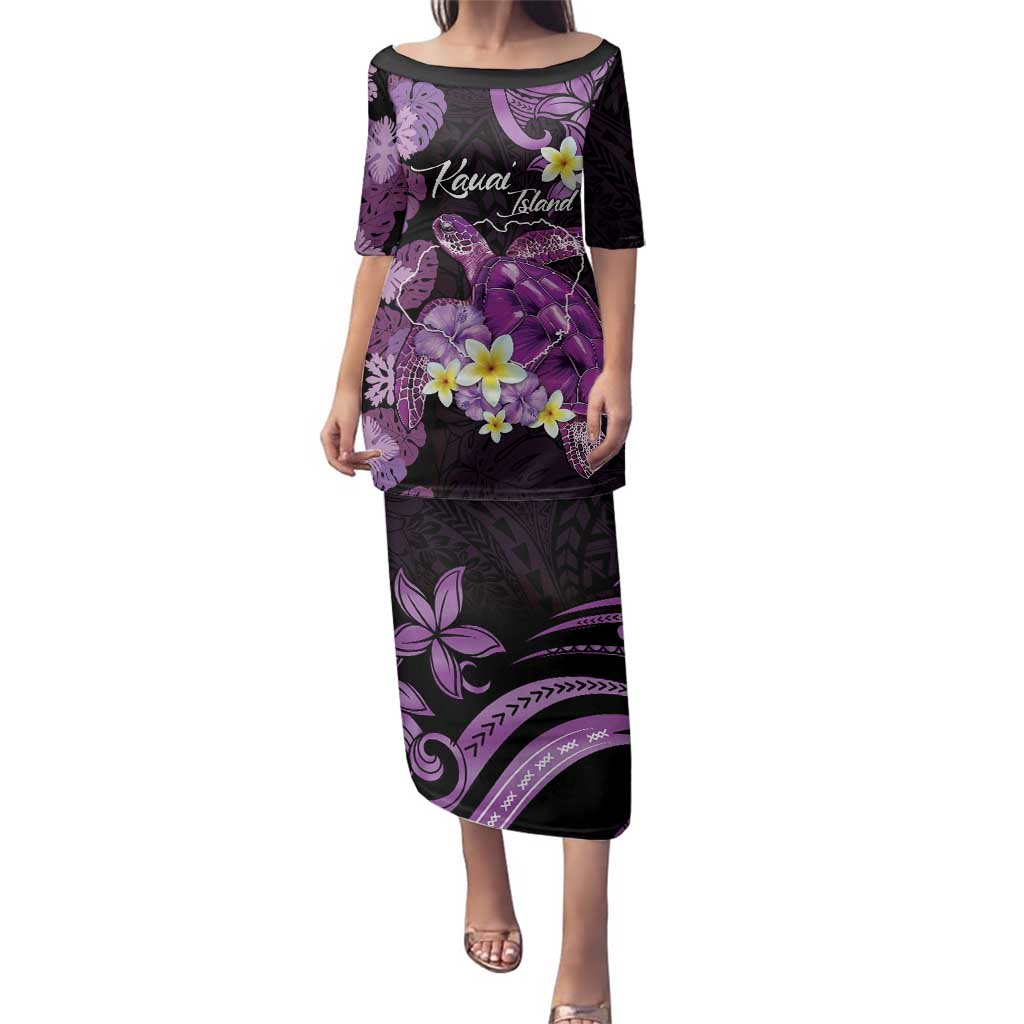 Personalised Aloha Hawaii Kauai Island Family Matching Puletasi and Hawaiian Shirt Garden Isle Map Sea Turtle Plumeria LT14 Mom's Dress Purple - Polynesian Pride