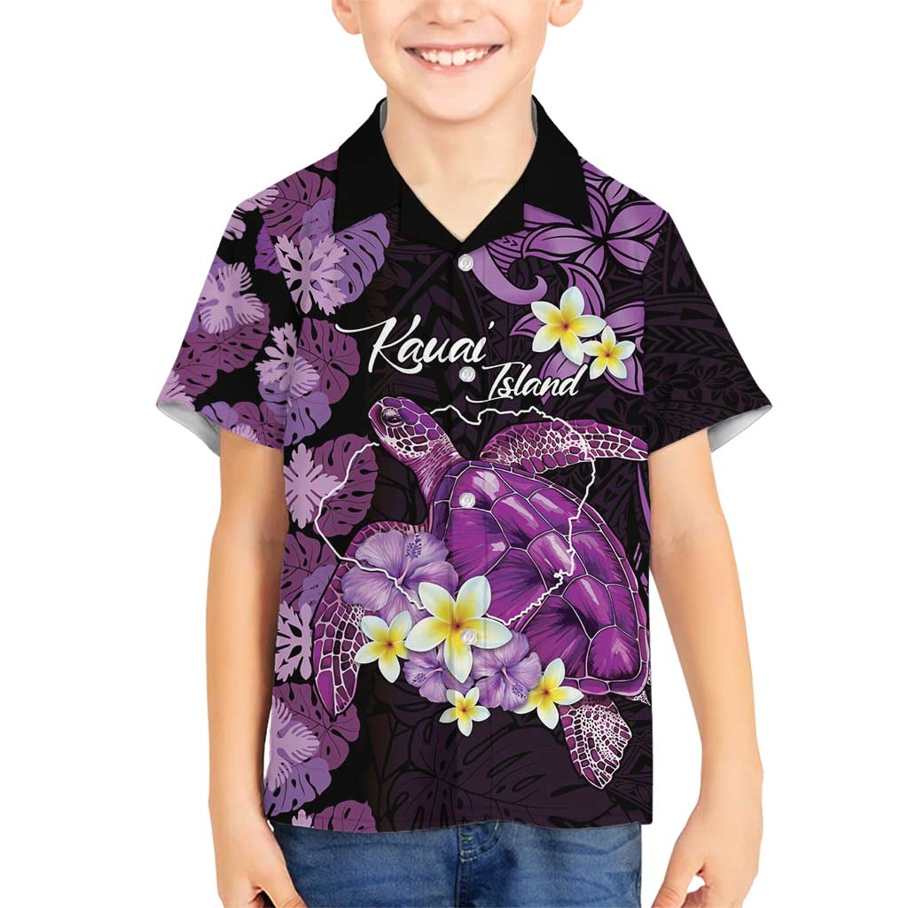 Personalised Aloha Hawaii Kauai Island Family Matching Puletasi and Hawaiian Shirt Garden Isle Map Sea Turtle Plumeria LT14 Son's Shirt Purple - Polynesian Pride