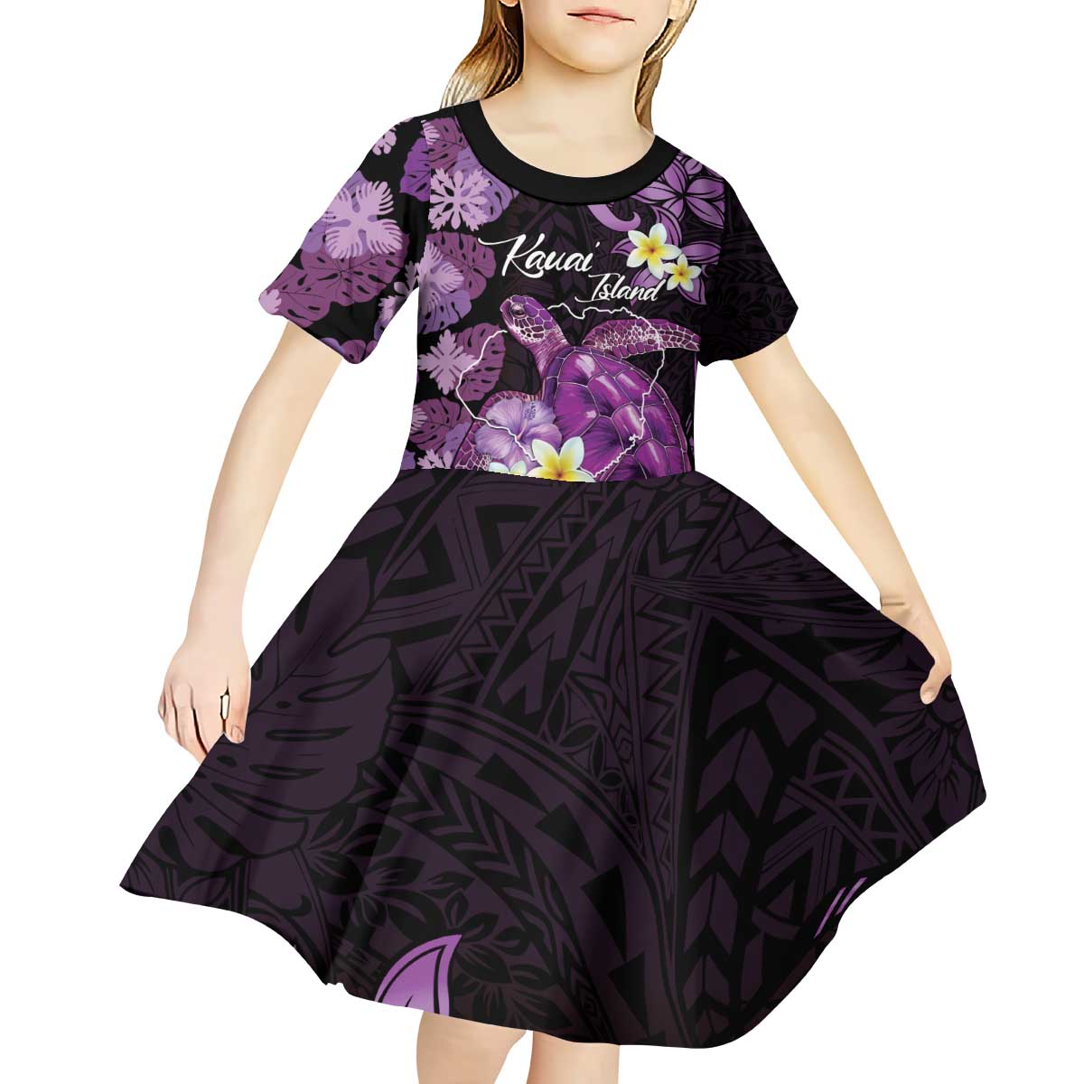 Personalised Aloha Hawaii Kauai Island Kid Short Sleeve Dress Garden Isle Map Sea Turtle Plumeria LT14 - Polynesian Pride