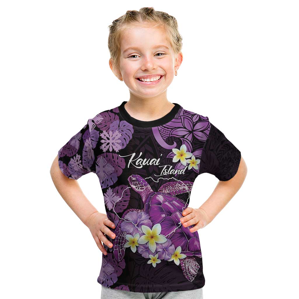 Personalised Aloha Hawaii Kauai Island Kid T Shirt Garden Isle Map Sea Turtle Plumeria LT14 Purple - Polynesian Pride