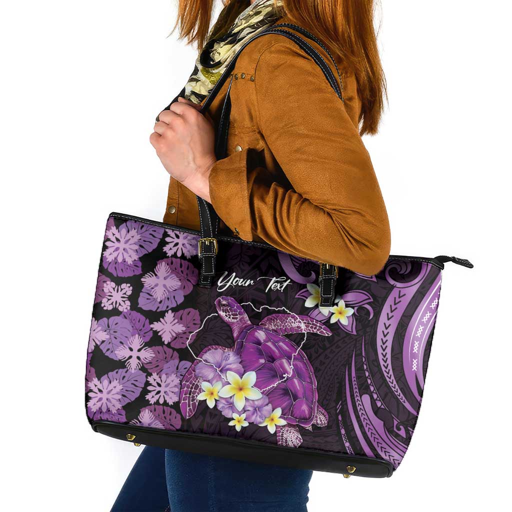 Personalised Aloha Hawaii Kauai Island Leather Tote Bag Garden Isle Map Sea Turtle Plumeria LT14 Purple - Polynesian Pride