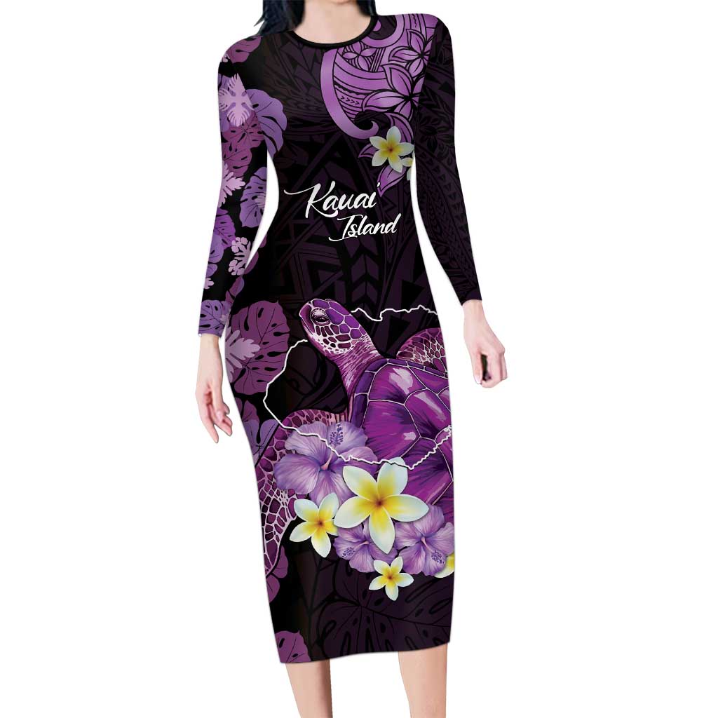 Personalised Aloha Hawaii Kauai Island Long Sleeve Bodycon Dress Garden Isle Map Sea Turtle Plumeria LT14 Long Dress Purple - Polynesian Pride