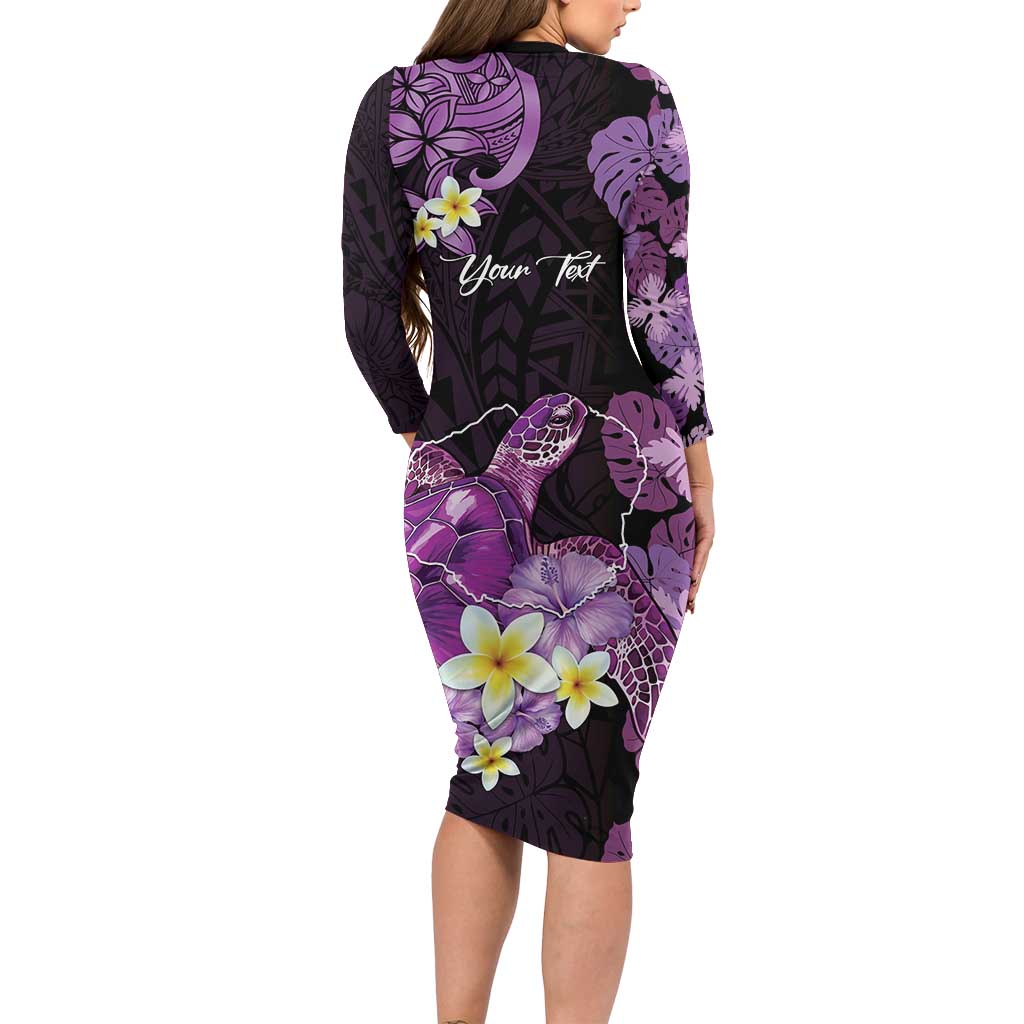 Personalised Aloha Hawaii Kauai Island Long Sleeve Bodycon Dress Garden Isle Map Sea Turtle Plumeria LT14 - Polynesian Pride