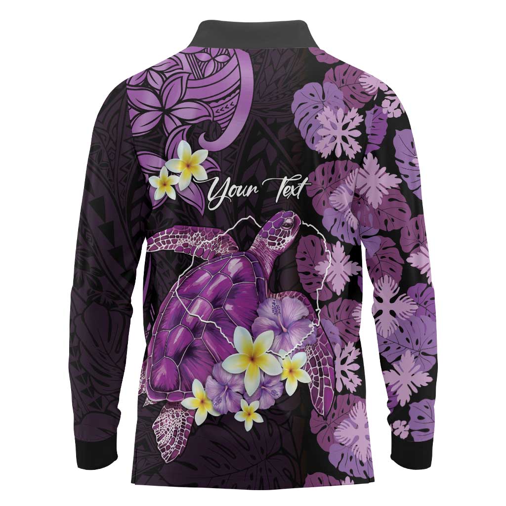 Personalised Aloha Hawaii Kauai Island Long Sleeve Polo Shirt Garden Isle Map Sea Turtle Plumeria LT14 - Polynesian Pride
