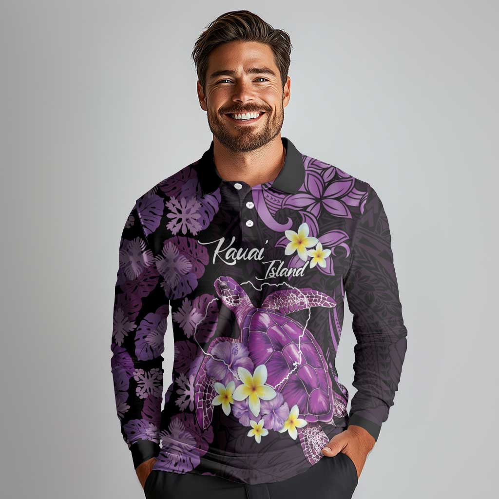 Personalised Aloha Hawaii Kauai Island Long Sleeve Polo Shirt Garden Isle Map Sea Turtle Plumeria LT14 - Polynesian Pride