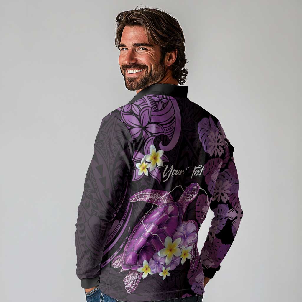 Personalised Aloha Hawaii Kauai Island Long Sleeve Polo Shirt Garden Isle Map Sea Turtle Plumeria LT14 - Polynesian Pride