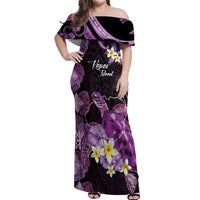 Personalised Aloha Hawaii Kauai Island Off Shoulder Maxi Dress Garden Isle Map Sea Turtle Plumeria LT14 Women Purple - Polynesian Pride