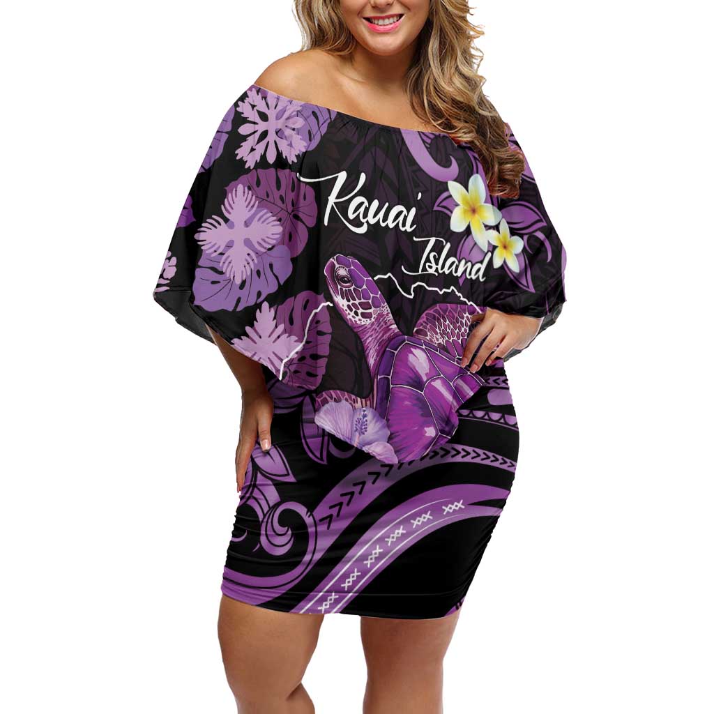 Personalised Aloha Hawaii Kauai Island Off Shoulder Short Dress Garden Isle Map Sea Turtle Plumeria LT14 Women Purple - Polynesian Pride