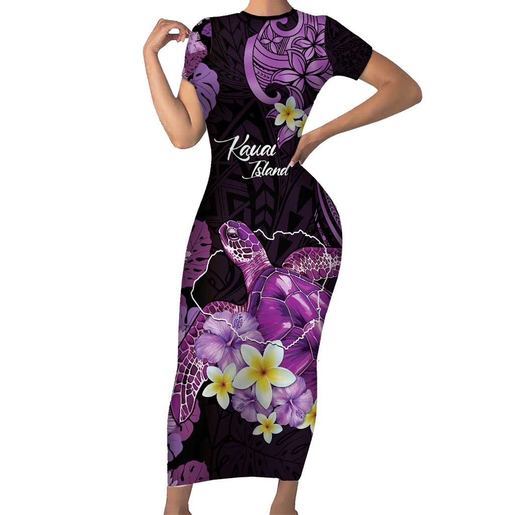 Personalised Aloha Hawaii Kauai Island Short Sleeve Bodycon Dress Garden Isle Map Sea Turtle Plumeria LT14 Long Dress Purple - Polynesian Pride