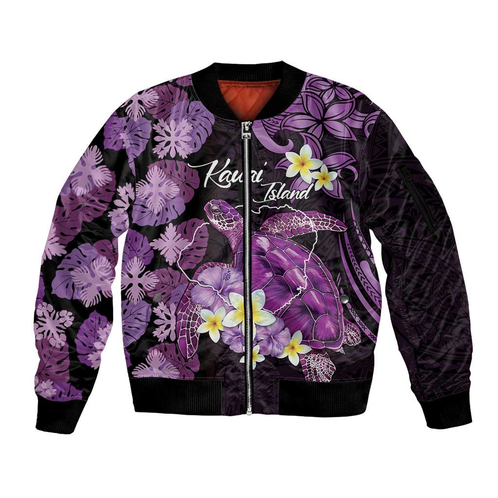 Personalised Aloha Hawaii Kauai Island Sleeve Zip Bomber Jacket Garden Isle Map Sea Turtle Plumeria LT14 Unisex Purple - Polynesian Pride