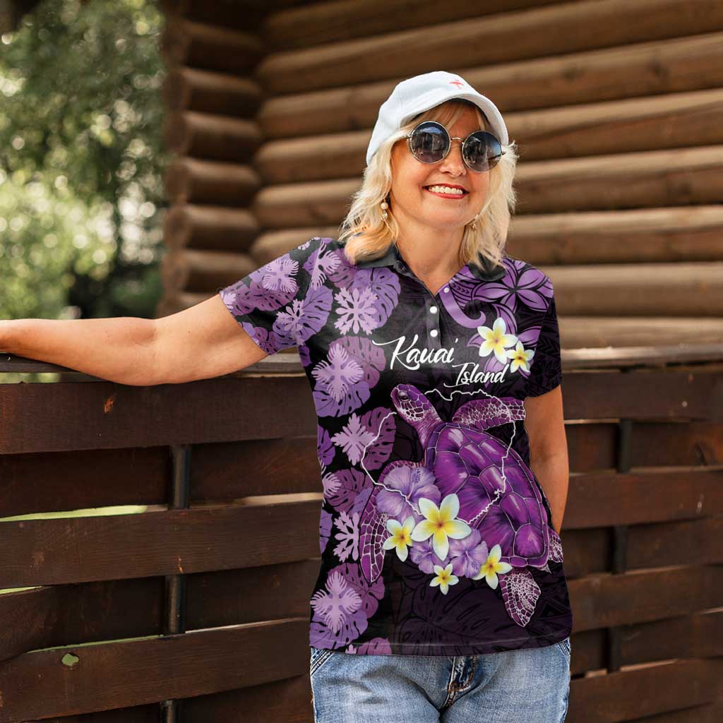 Personalised Aloha Hawaii Kauai Island Women Polo Shirt Garden Isle Map Sea Turtle Plumeria LT14 - Polynesian Pride