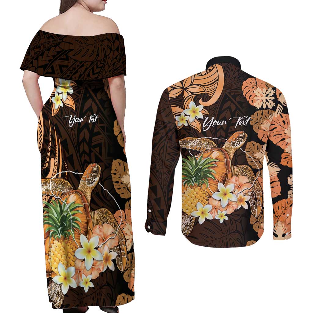 Personalised Aloha Hawaii Lanai Island Couples Matching Off Shoulder Maxi Dress and Long Sleeve Button Shirt Pineapple Isle Map Sea Turtle Plumeria