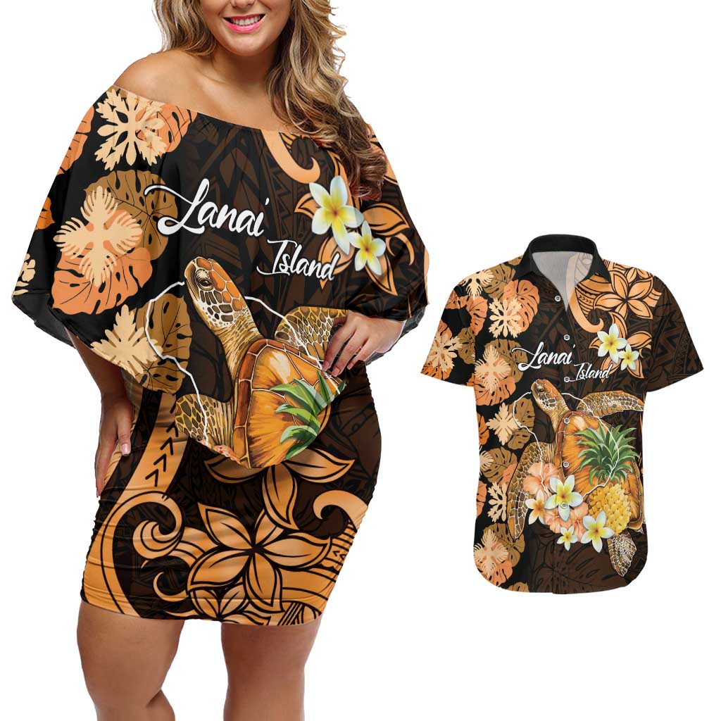 Personalised Aloha Hawaii Lanai Island Couples Matching Off Shoulder Short Dress and Hawaiian Shirt Pineapple Isle Map Sea Turtle Plumeria