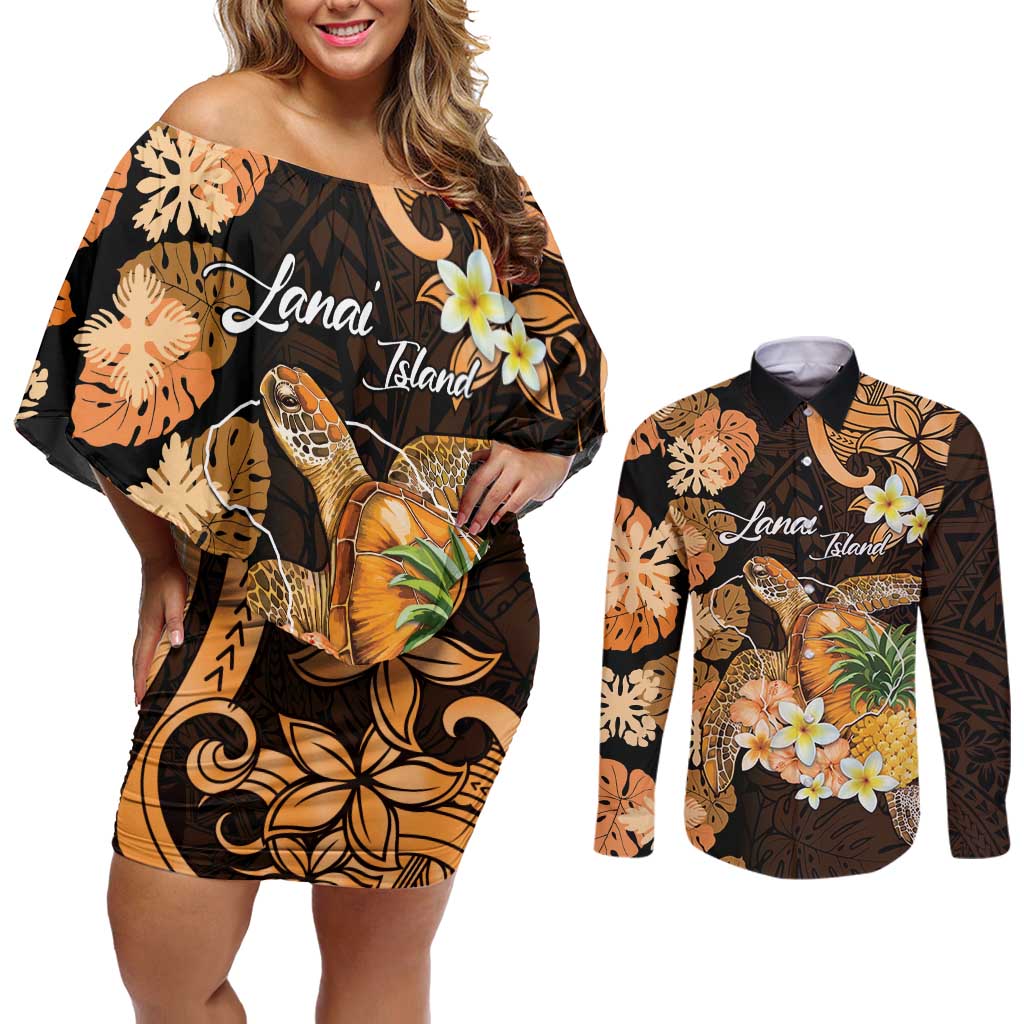 Personalised Aloha Hawaii Lanai Island Couples Matching Off Shoulder Short Dress and Long Sleeve Button Shirt Pineapple Isle Map Sea Turtle Plumeria