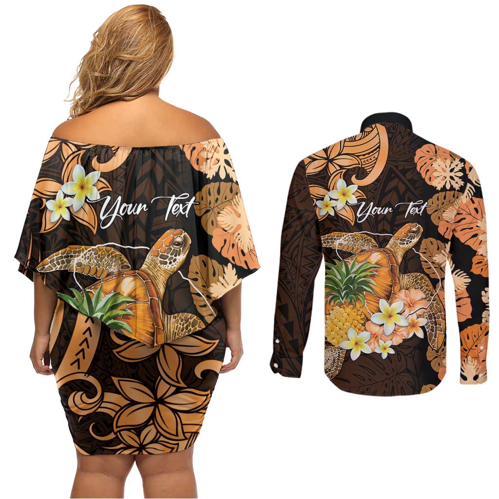 Personalised Aloha Hawaii Lanai Island Couples Matching Off Shoulder Short Dress and Long Sleeve Button Shirt Pineapple Isle Map Sea Turtle Plumeria