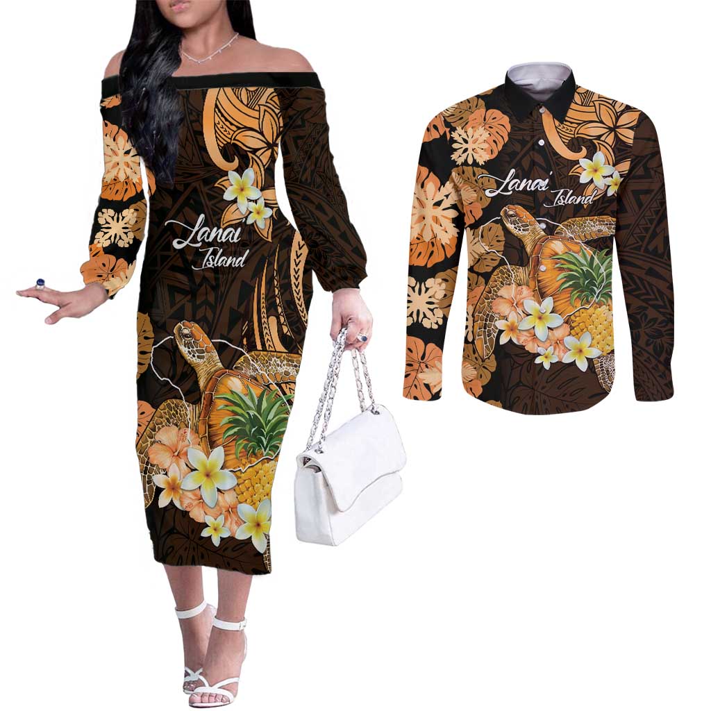 Personalised Aloha Hawaii Lanai Island Couples Matching Off The Shoulder Long Sleeve Dress and Long Sleeve Button Shirt Pineapple Isle Map Sea Turtle Plumeria