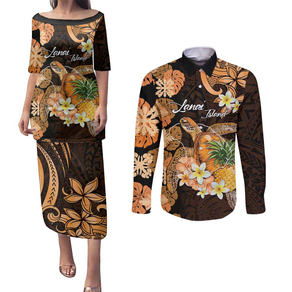 Personalised Aloha Hawaii Lanai Island Couples Matching Puletasi and Long Sleeve Button Shirt Pineapple Isle Map Sea Turtle Plumeria LT14 Orange - Polynesian Pride