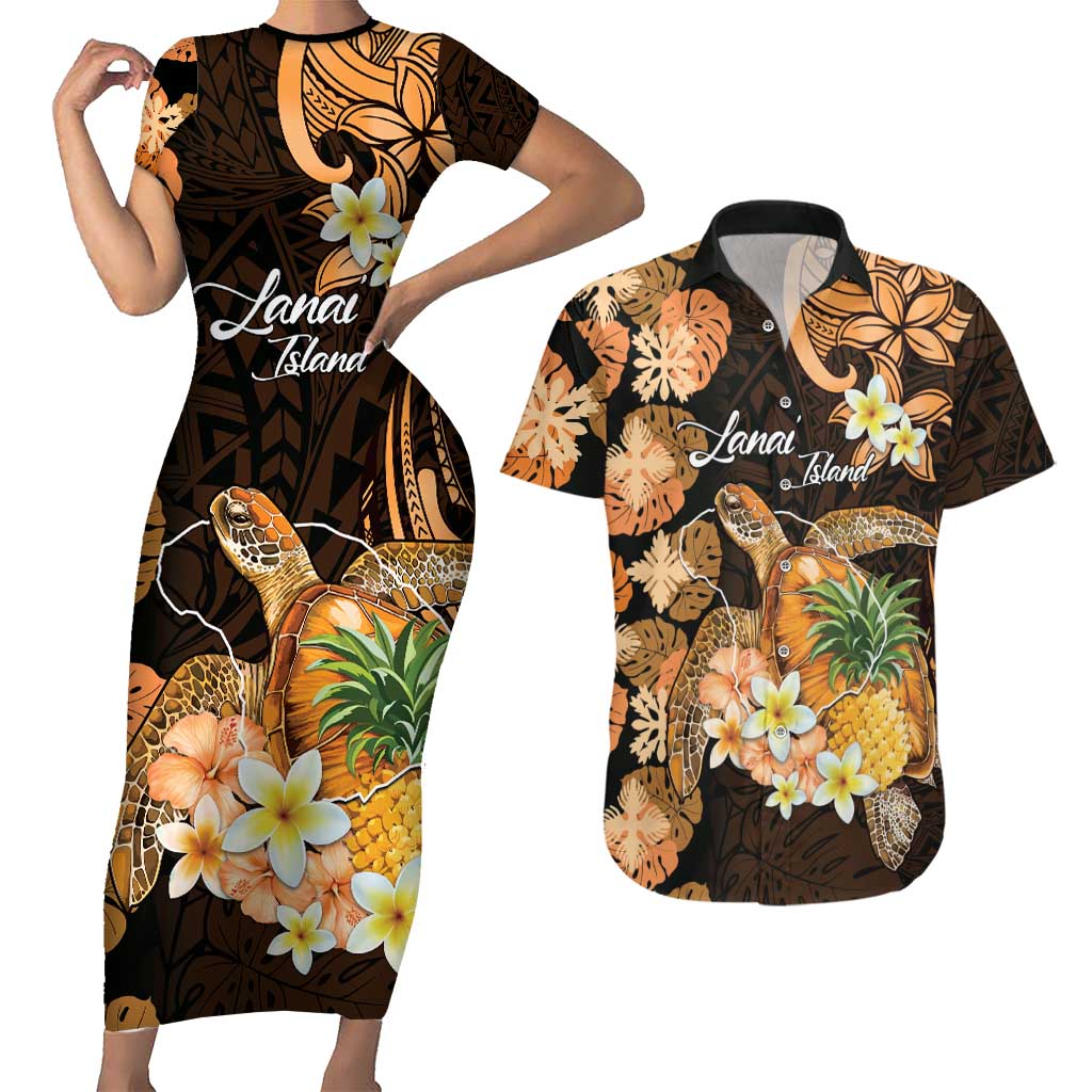 Personalised Aloha Hawaii Lanai Island Couples Matching Short Sleeve Bodycon Dress and Hawaiian Shirt Pineapple Isle Map Sea Turtle Plumeria