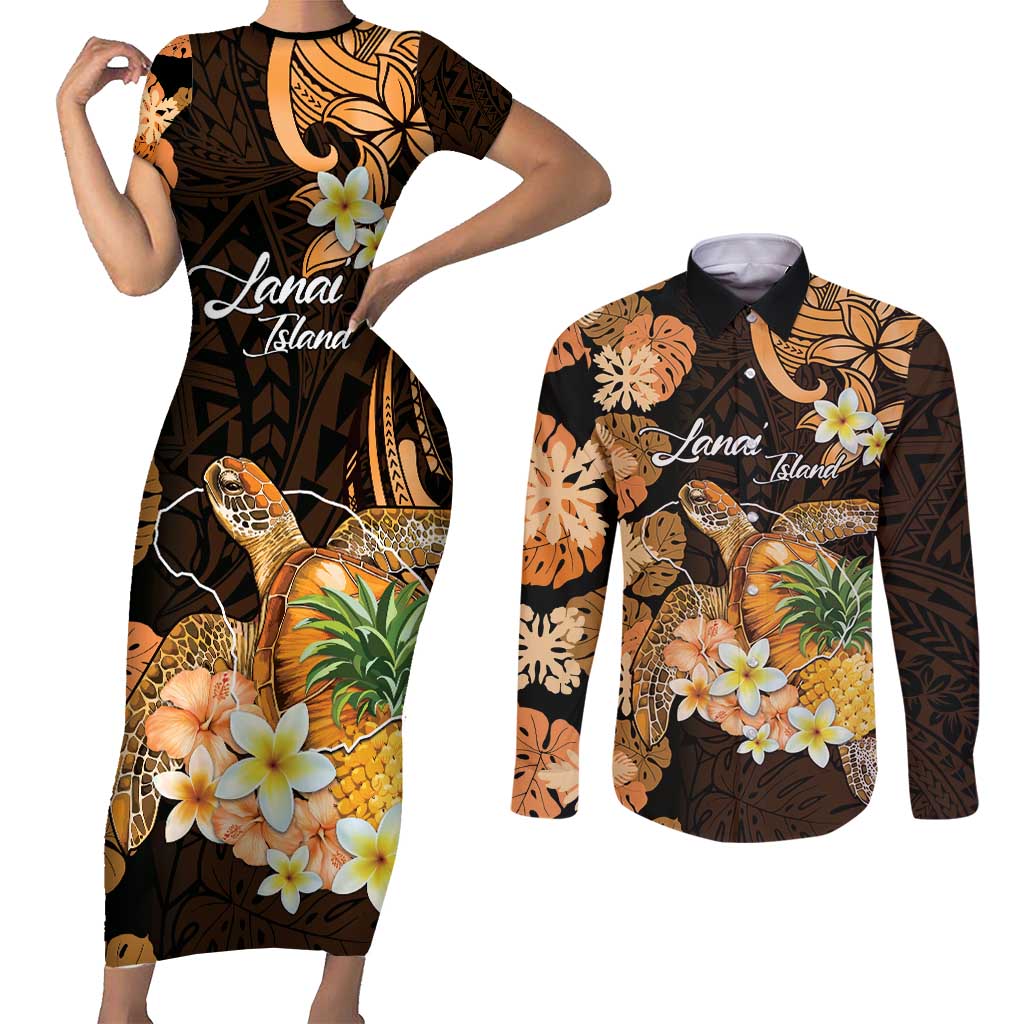 Personalised Aloha Hawaii Lanai Island Couples Matching Short Sleeve Bodycon Dress and Long Sleeve Button Shirt Pineapple Isle Map Sea Turtle Plumeria
