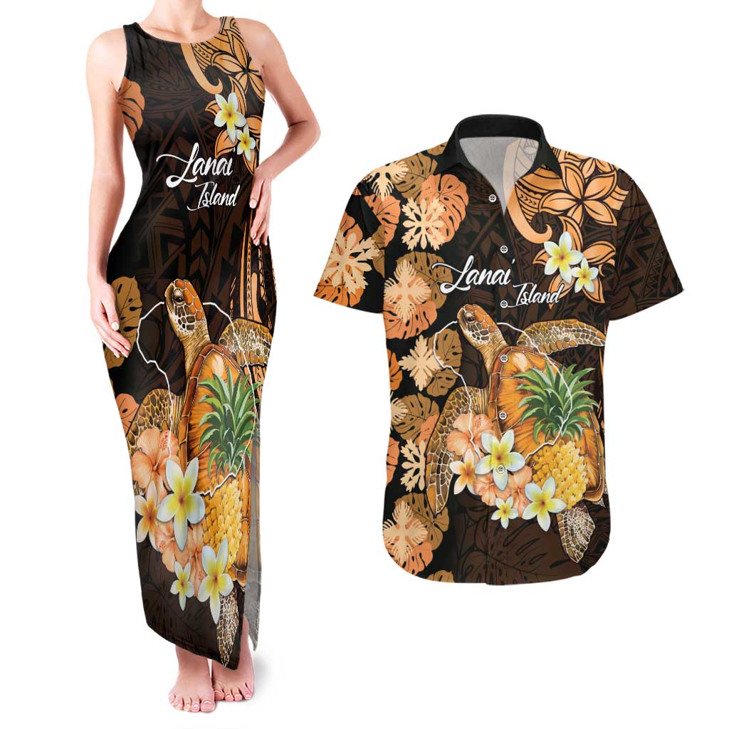 Personalised Aloha Hawaii Lanai Island Couples Matching Tank Maxi Dress and Hawaiian Shirt Pineapple Isle Map Sea Turtle Plumeria