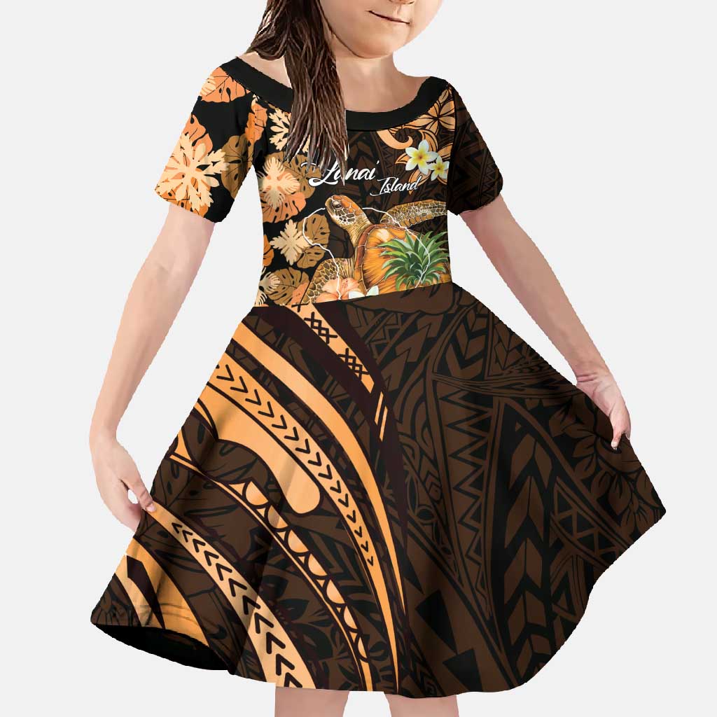 Personalised Aloha Hawaii Lanai Island Family Matching Mermaid Dress and Hawaiian Shirt Pineapple Isle Map Sea Turtle Plumeria LT14 Daughter's Dress Orange - Polynesian Pride