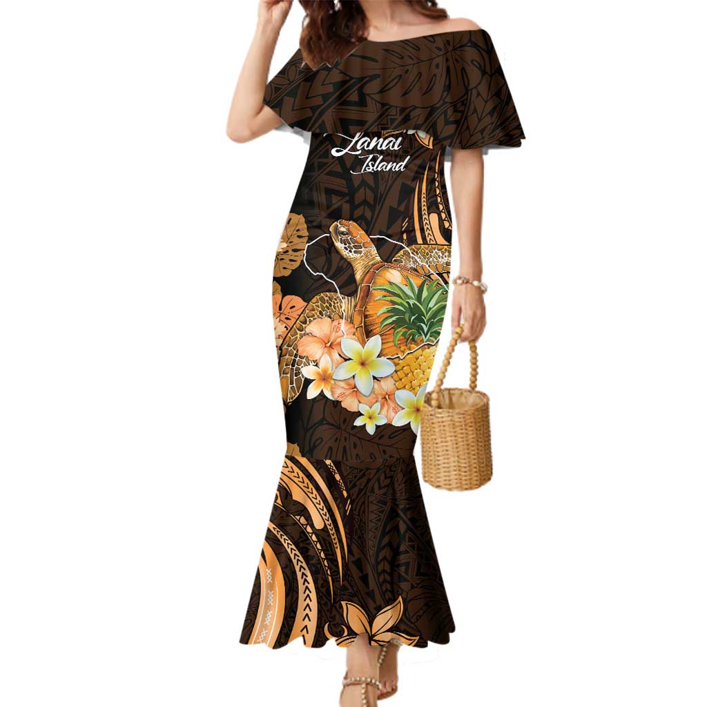 Personalised Aloha Hawaii Lanai Island Family Matching Mermaid Dress and Hawaiian Shirt Pineapple Isle Map Sea Turtle Plumeria LT14 Mom's Dress Orange - Polynesian Pride
