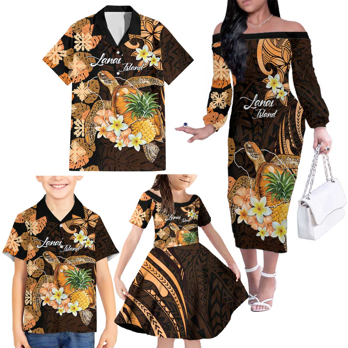 Personalised Aloha Hawaii Lanai Island Family Matching Off The Shoulder Long Sleeve Dress and Hawaiian Shirt Pineapple Isle Map Sea Turtle Plumeria