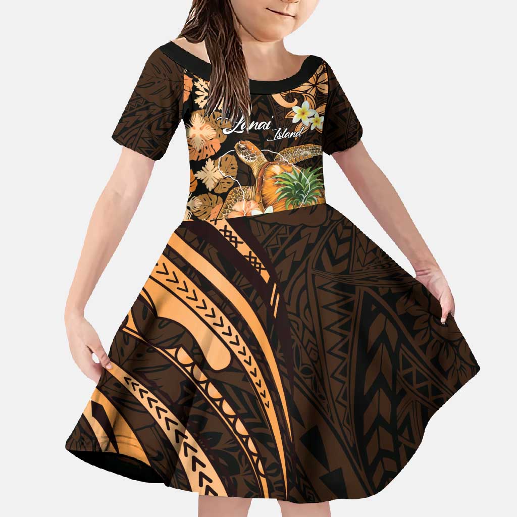 Personalised Aloha Hawaii Lanai Island Family Matching Off Shoulder Maxi Dress and Hawaiian Shirt Pineapple Isle Map Sea Turtle Plumeria LT14 Daughter's Dress Orange - Polynesian Pride