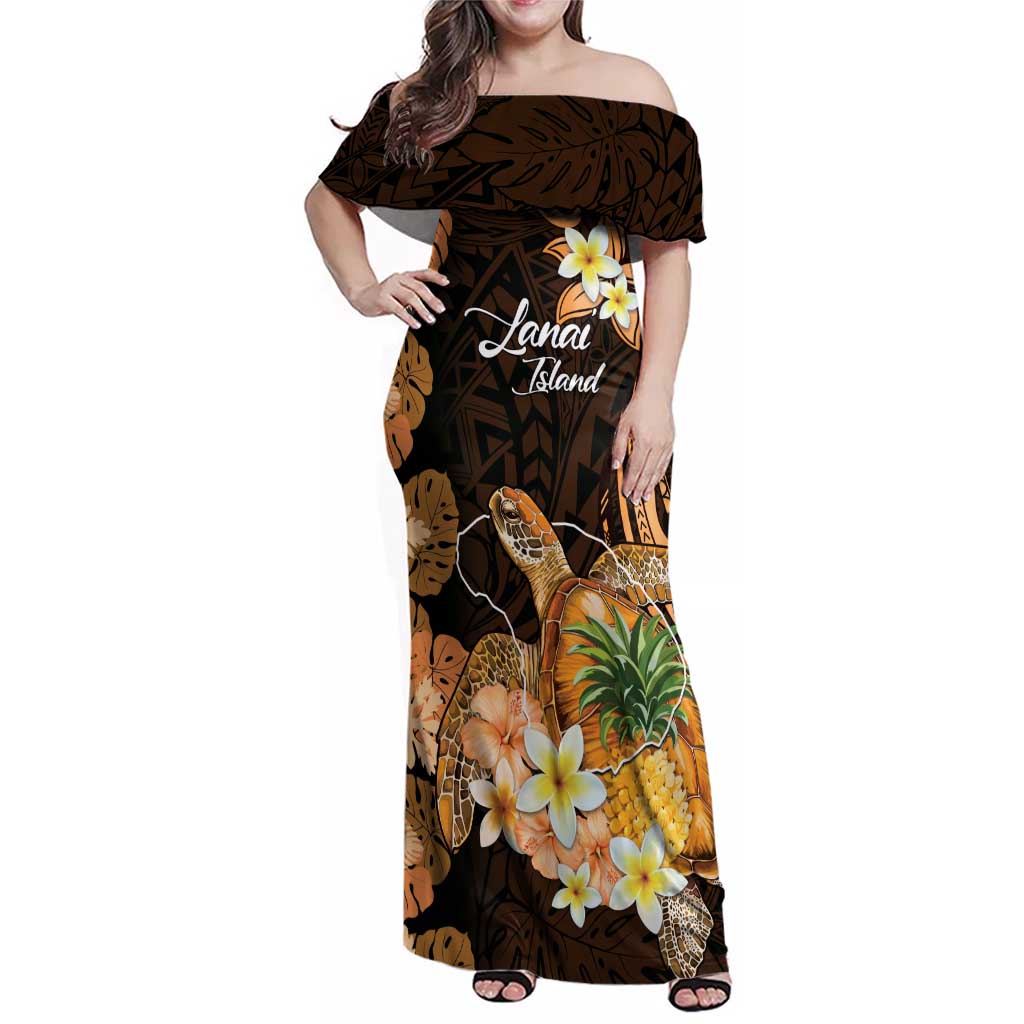 Personalised Aloha Hawaii Lanai Island Family Matching Off Shoulder Maxi Dress and Hawaiian Shirt Pineapple Isle Map Sea Turtle Plumeria LT14 Mom's Dress Orange - Polynesian Pride