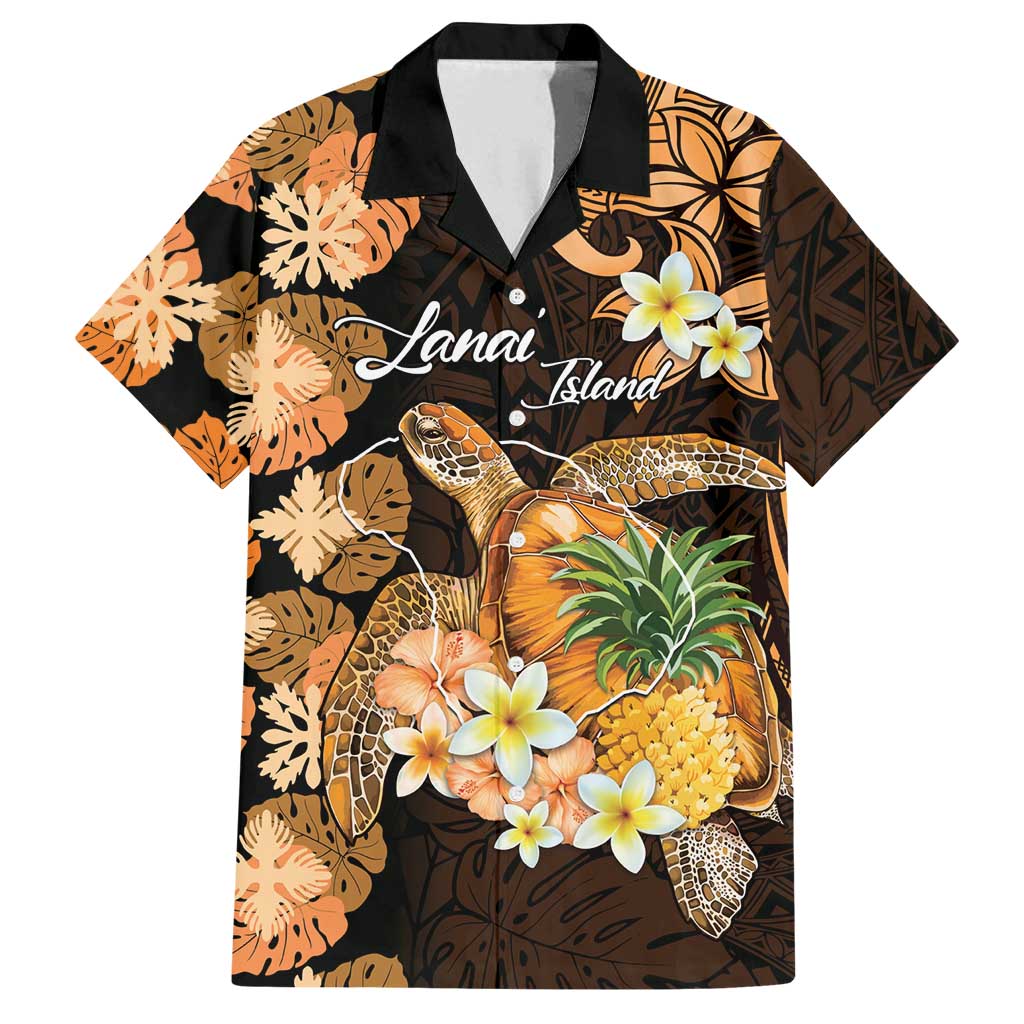 Personalised Aloha Hawaii Lanai Island Family Matching Puletasi and Hawaiian Shirt Pineapple Isle Map Sea Turtle Plumeria LT14 Dad's Shirt - Short Sleeve Orange - Polynesian Pride