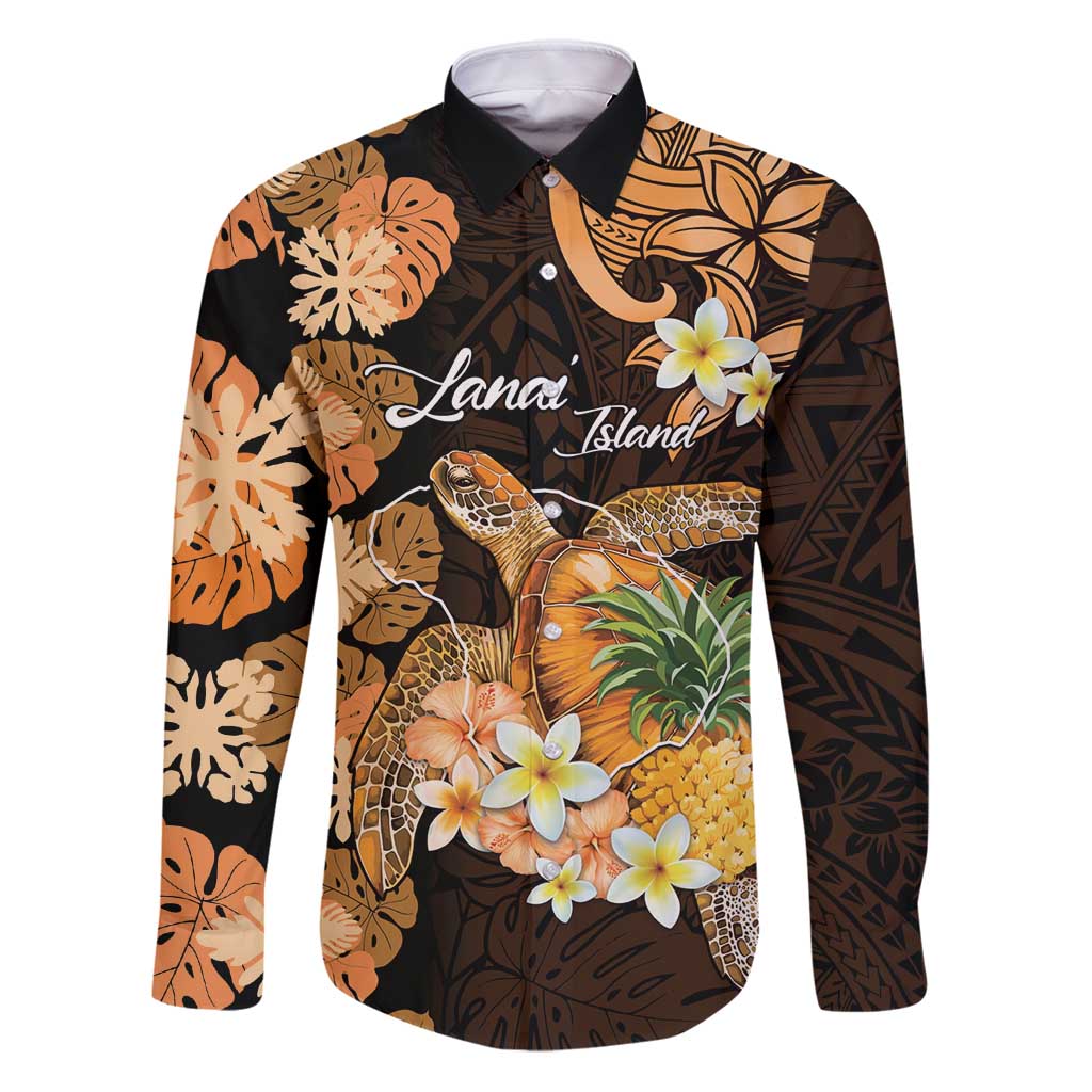 Personalised Aloha Hawaii Lanai Island Family Matching Puletasi and Hawaiian Shirt Pineapple Isle Map Sea Turtle Plumeria LT14 Dad's Shirt - Long Sleeve Orange - Polynesian Pride