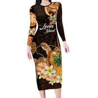 Personalised Aloha Hawaii Lanai Island Long Sleeve Bodycon Dress Pineapple Isle Map Sea Turtle Plumeria LT14 Long Dress Orange - Polynesian Pride